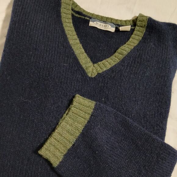 Vintage Old Navy Men's XL !00% Wool Navy with Sage Green  V Neck/Cuffs - Picture 1 of 8